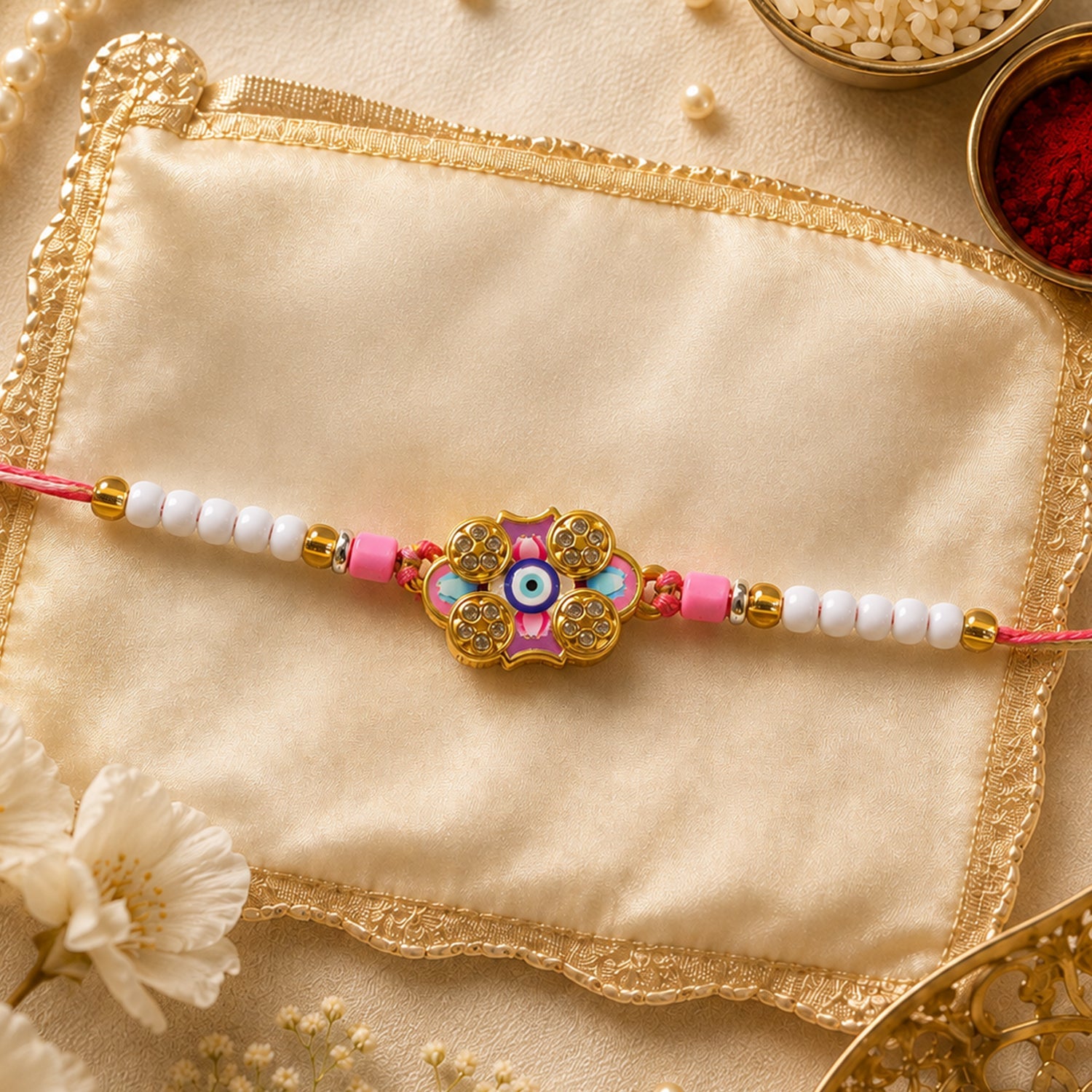 Floral Nazar Evil Eye Crystal Stone Pearl Beads Designer Rakhi