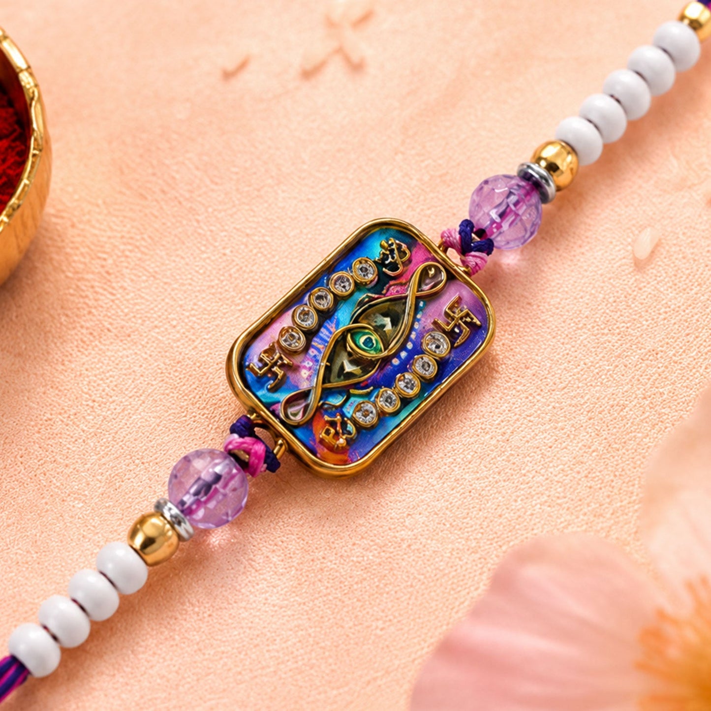 Rectangle Infinity Evil Eye Crystal Stone Multicolor Beads Designer Rakhi