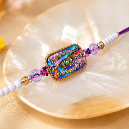 Rectangle Infinity Evil Eye Crystal Stone Multicolor Beads Designer Rakhi