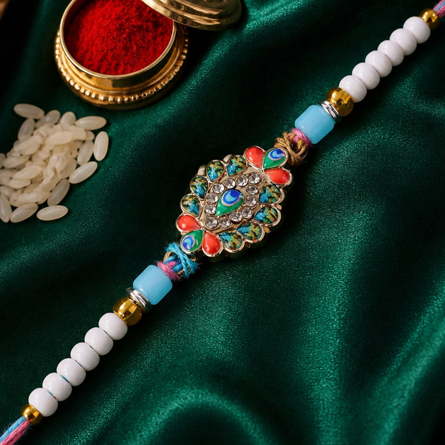 Morpankh Feather Meenakari Kundan Crystal Beads Rakhi
