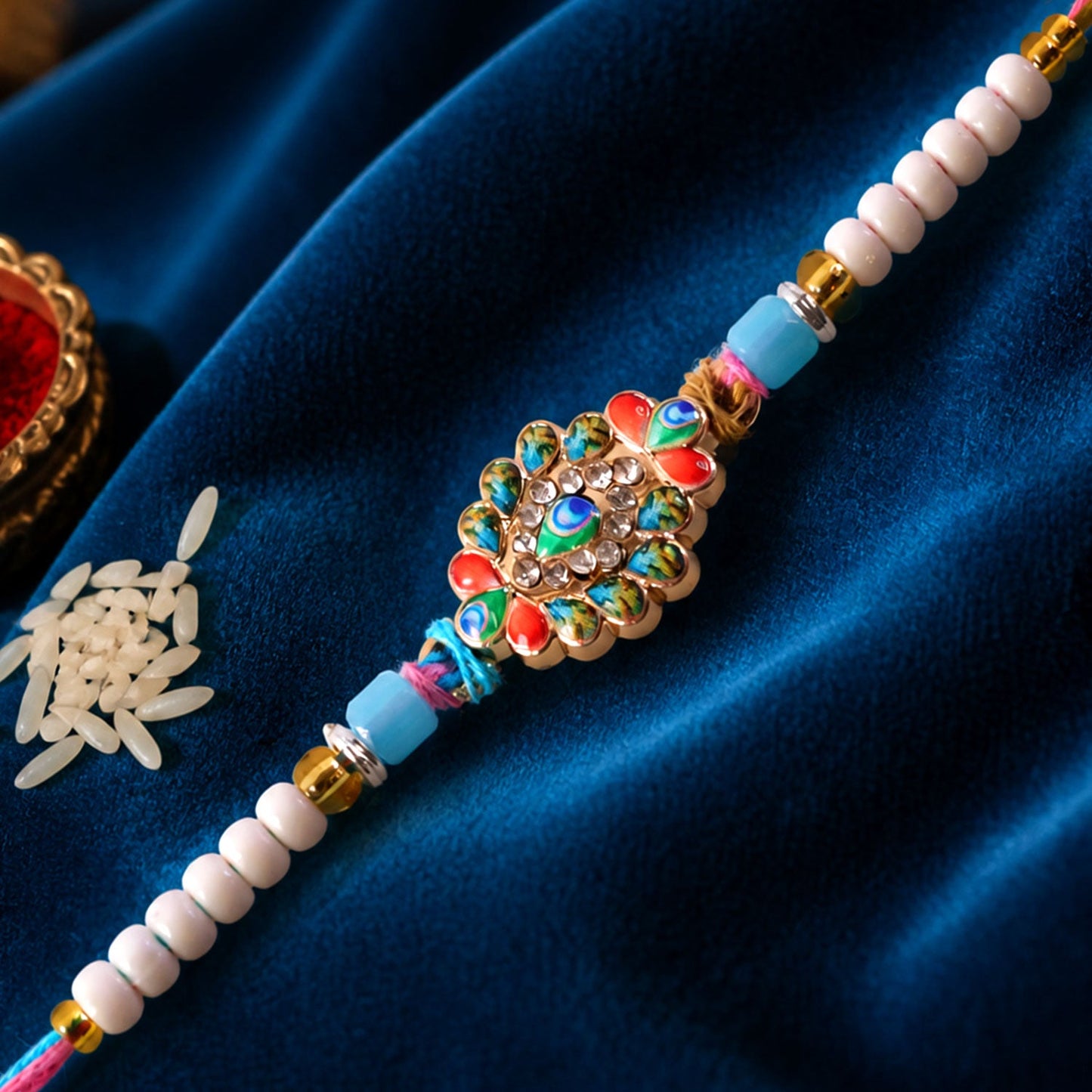 Morpankh Feather Meenakari Kundan Crystal Beads Rakhi