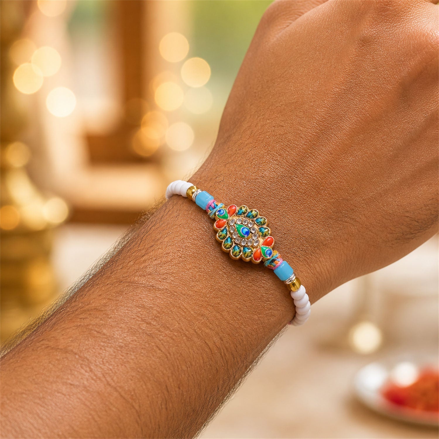 Morpankh Feather Meenakari Kundan Crystal Beads Rakhi