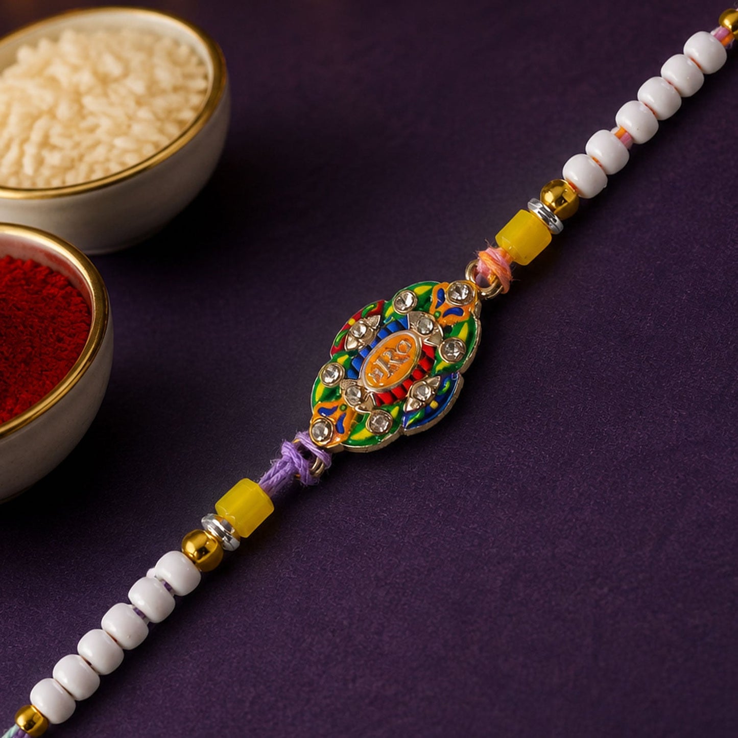 Oval Bro Text Meenakari Kundan Enamel Vibrant Cylinder Beads Rakhi
