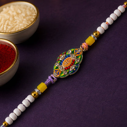 Oval Bro Text Meenakari Kundan Enamel Vibrant Cylinder Beads Rakhi