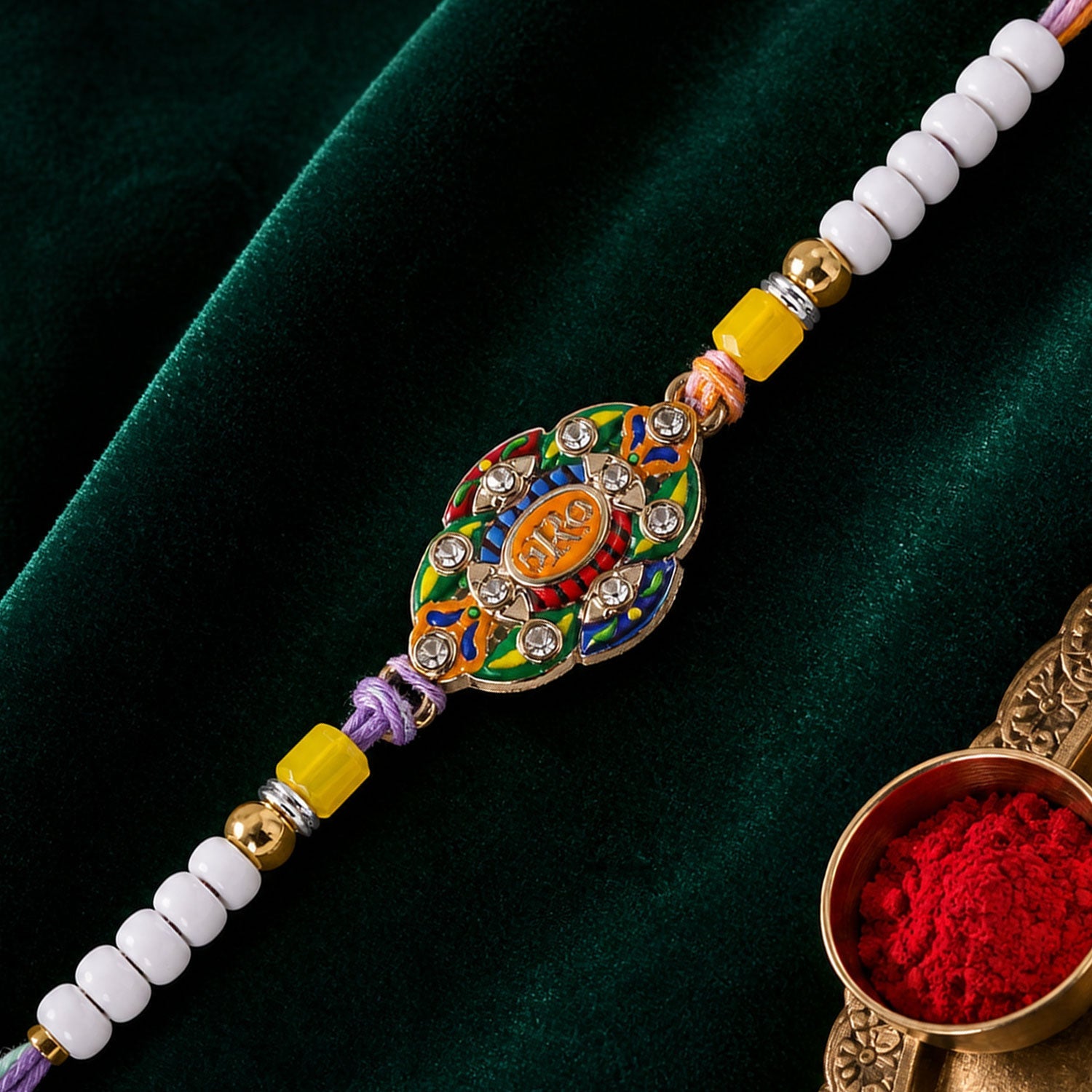 Oval Bro Text Meenakari Kundan Enamel Vibrant Cylinder Beads Rakhi