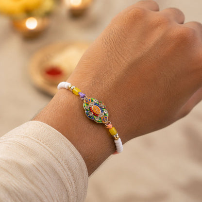 Oval Bro Text Meenakari Kundan Enamel Vibrant Cylinder Beads Rakhi