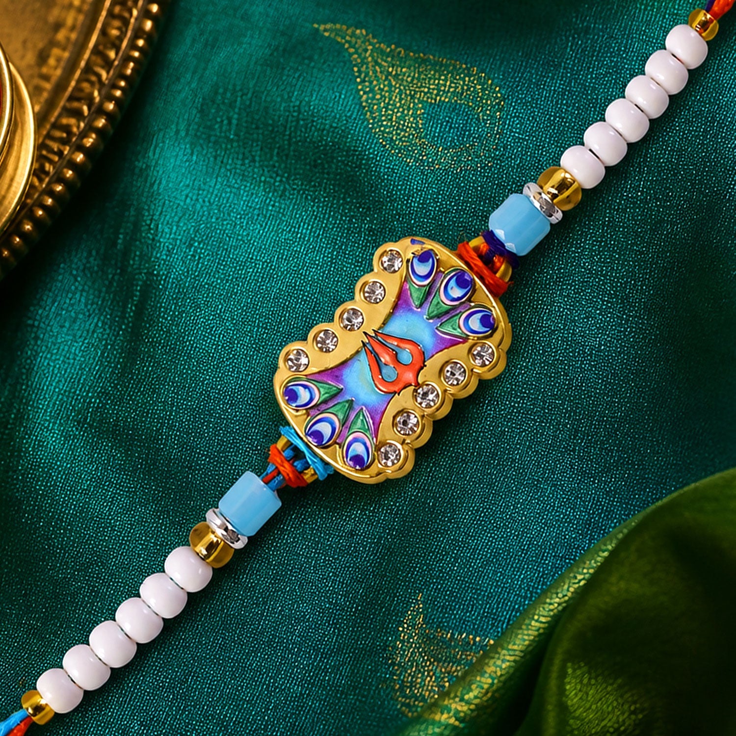 Trishul Nazar Evil Eye Meenakari Crystal Golden Beads Rakhi