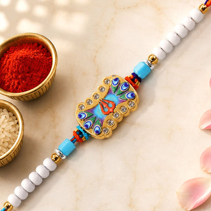 Trishul Nazar Evil Eye Meenakari Crystal Golden Beads Rakhi