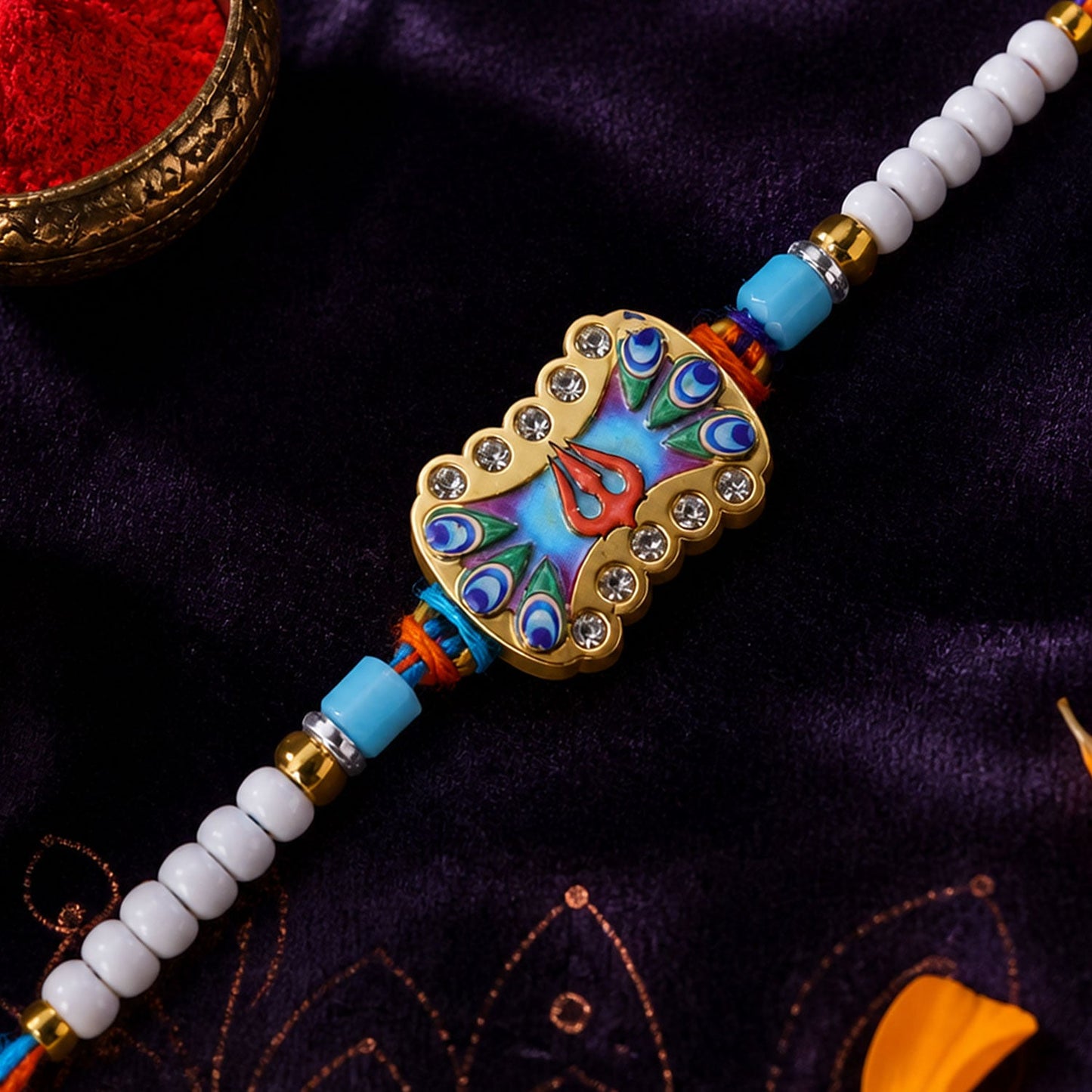 Trishul Nazar Evil Eye Meenakari Crystal Golden Beads Rakhi