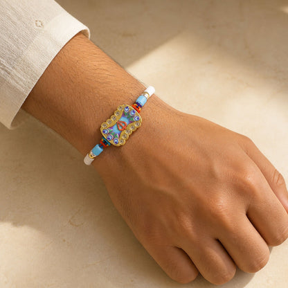 Trishul Nazar Evil Eye Meenakari Crystal Golden Beads Rakhi