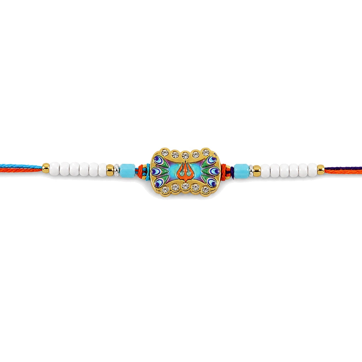 Trishul Nazar Evil Eye Meenakari Crystal Golden Beads Rakhi