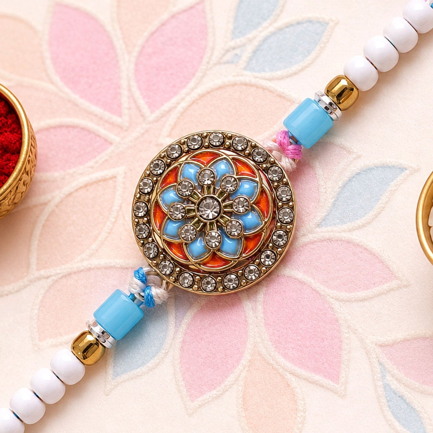 Stylish Chakra Floral Enamel Studded Crystal Pastel Beads Rakhi