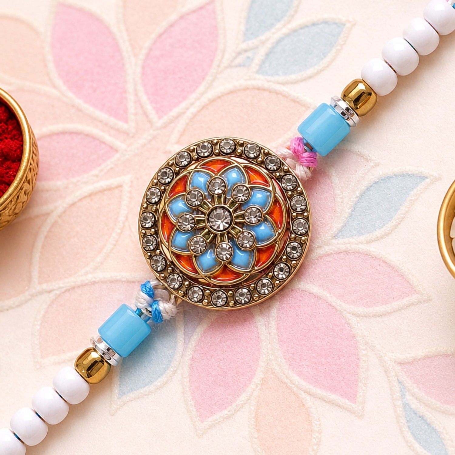 Stylish Chakra Floral Enamel Studded Crystal Pastel Beads Rakhi