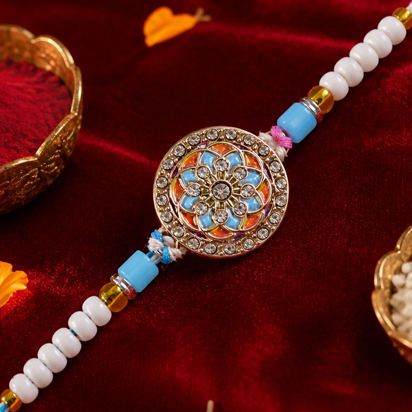 Stylish Chakra Floral Enamel Studded Crystal Pastel Beads Rakhi