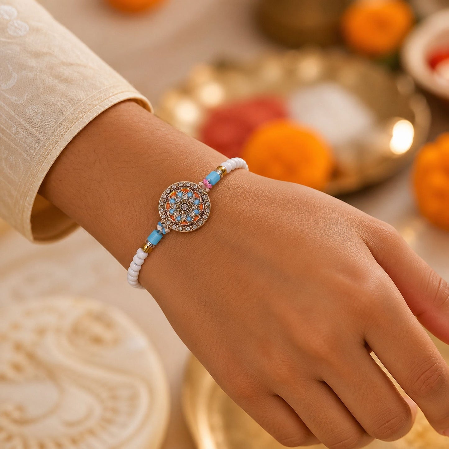 Stylish Chakra Floral Enamel Studded Crystal Pastel Beads Rakhi