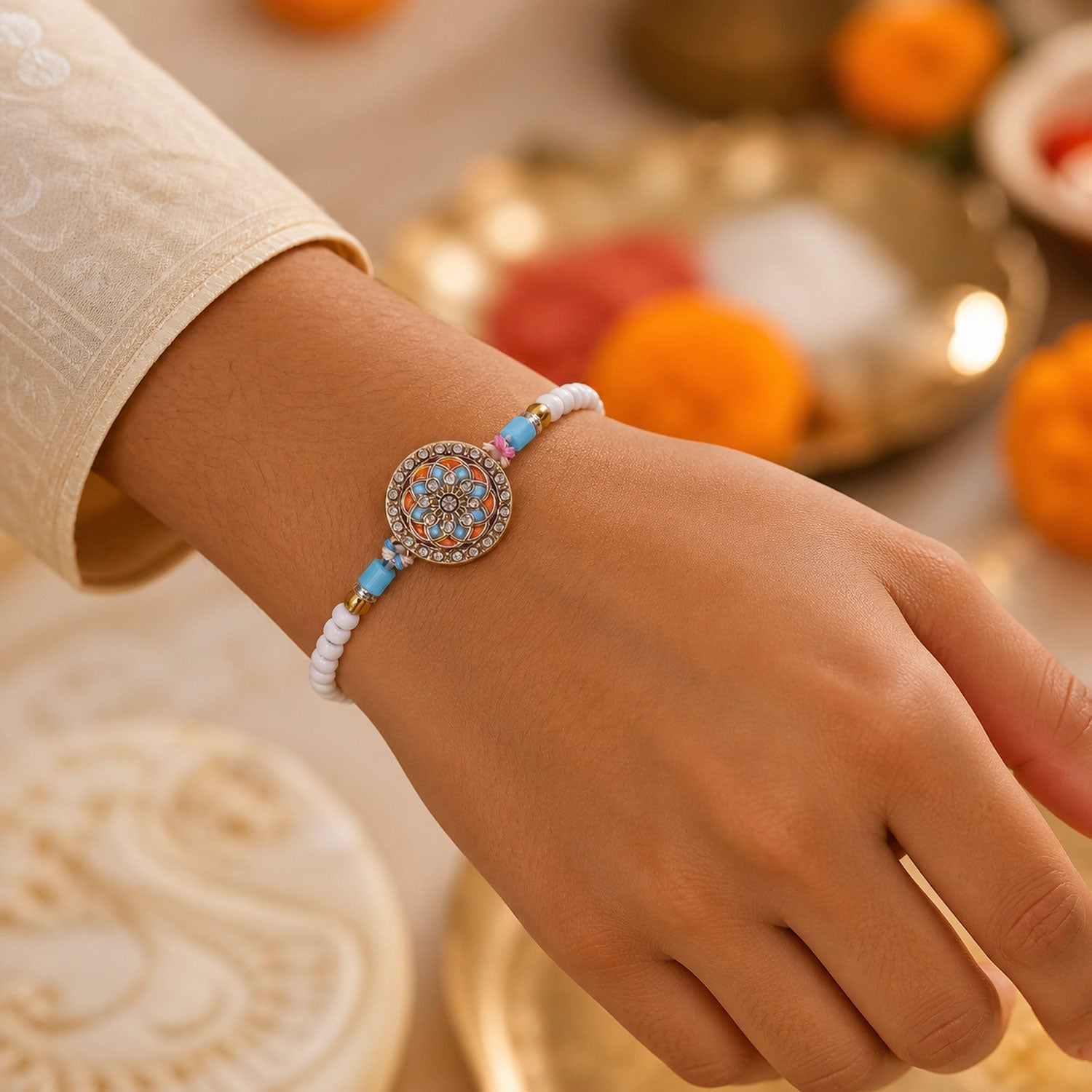 Stylish Chakra Floral Enamel Studded Crystal Pastel Beads Rakhi