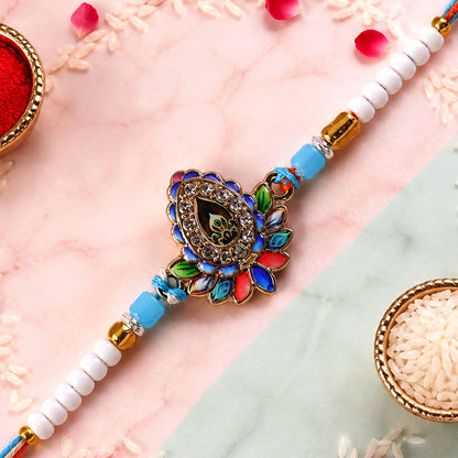 Premium Designer Lotus Petal Meenakari Crystal Stone Beads Rakhi