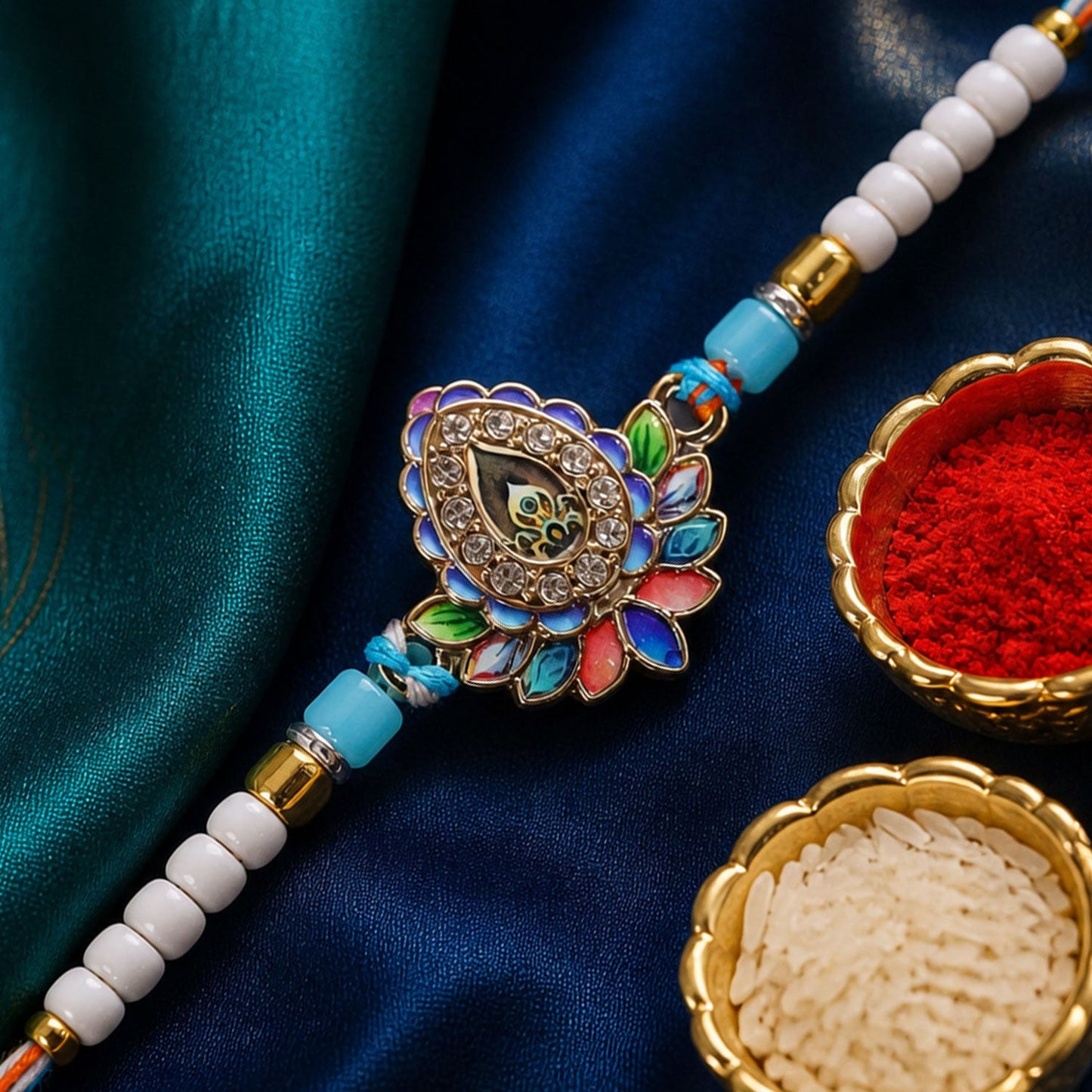 Premium Designer Lotus Petal Meenakari Crystal Stone Beads Rakhi