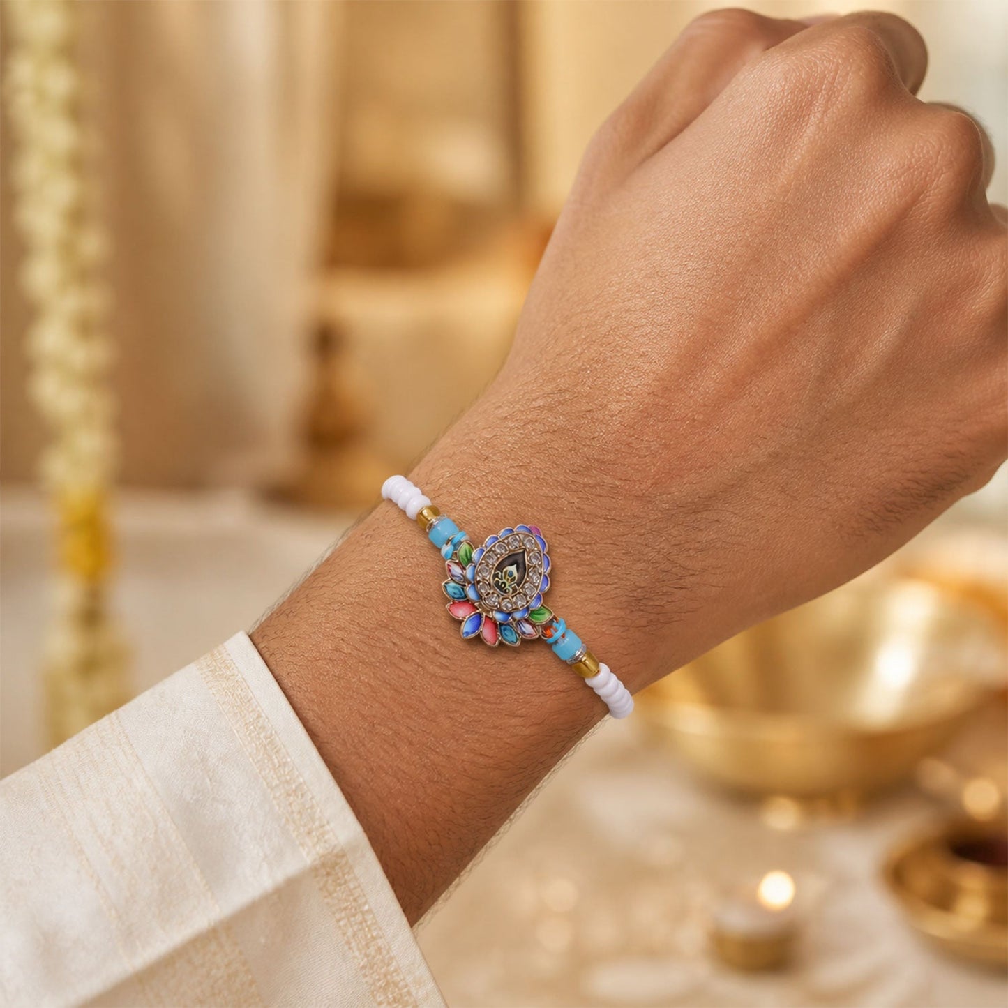 Premium Designer Lotus Petal Meenakari Crystal Stone Beads Rakhi