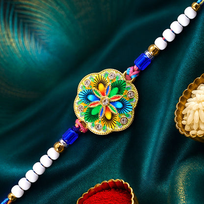 Round Meenakari Vibrant Painted Floral Crystal Pearl Beads Rakhi