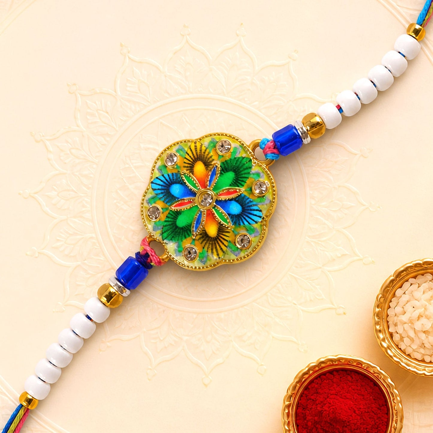 Round Meenakari Vibrant Painted Floral Crystal Pearl Beads Rakhi