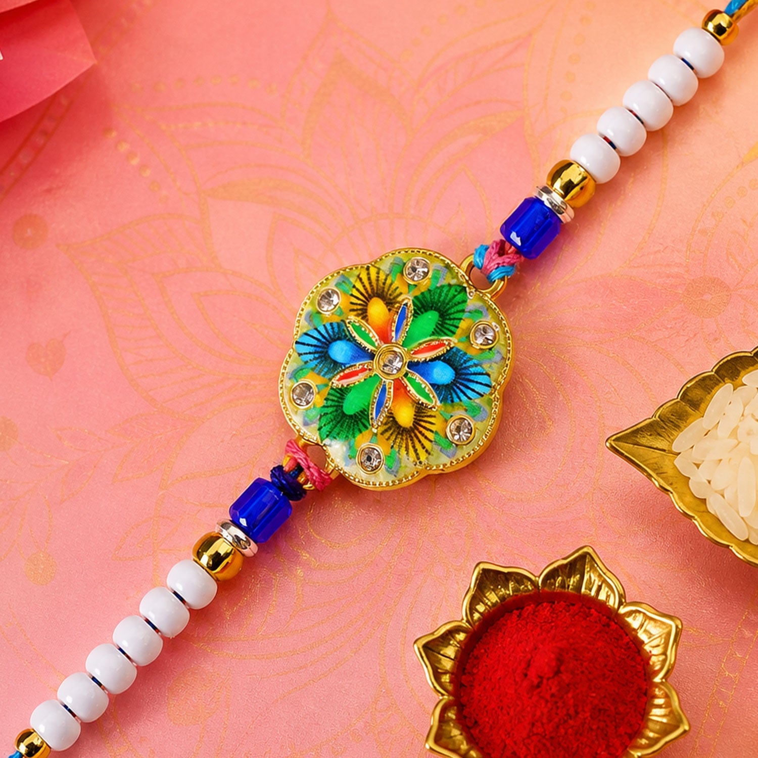 Round Meenakari Vibrant Painted Floral Crystal Pearl Beads Rakhi