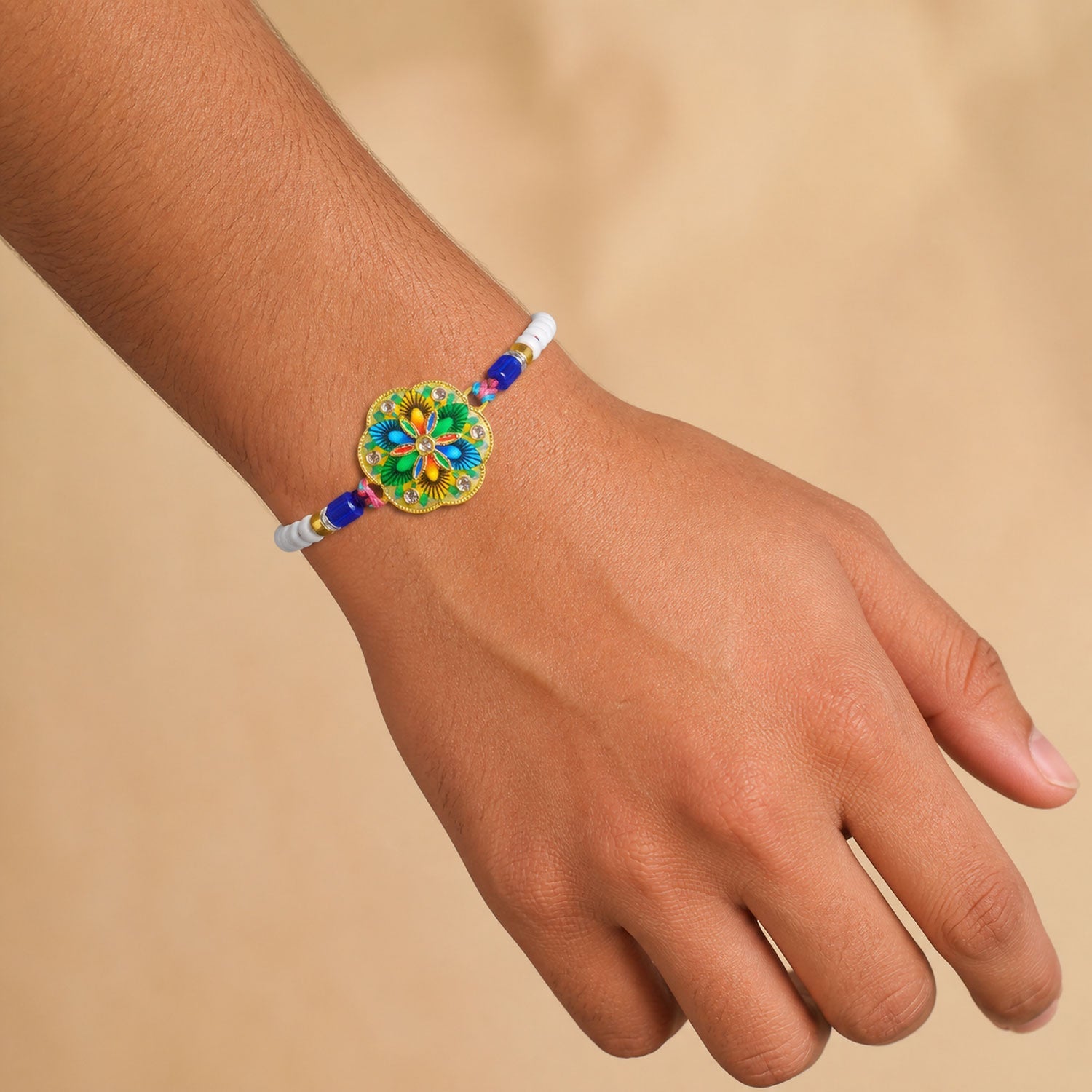 Round Meenakari Vibrant Painted Floral Crystal Pearl Beads Rakhi