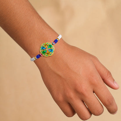 Round Meenakari Vibrant Painted Floral Crystal Pearl Beads Rakhi