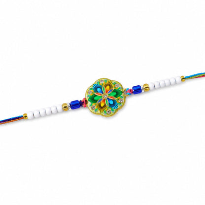 Round Meenakari Vibrant Painted Floral Crystal Pearl Beads Rakhi