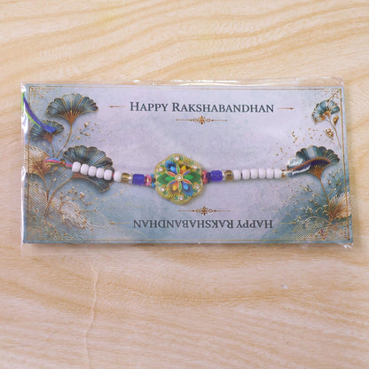 Round Meenakari Vibrant Painted Floral Crystal Pearl Beads Rakhi