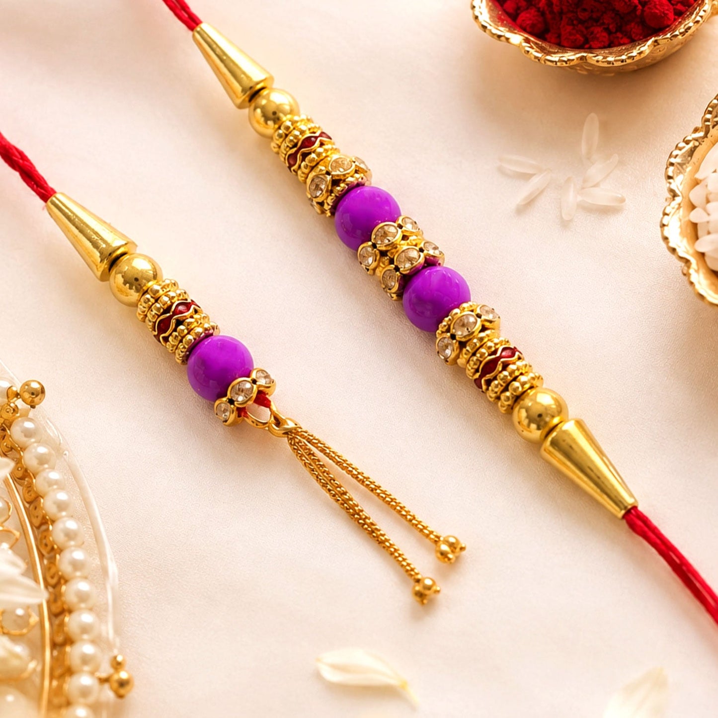 Crystal Stone Gold Beads Bhai Bhabhi Rakhi Lumba Set