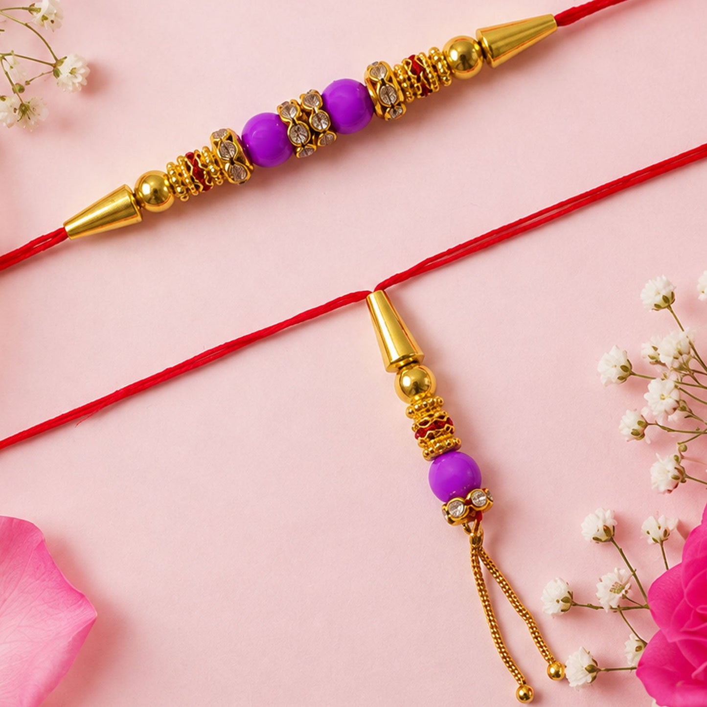 Crystal Stone Gold Beads Bhai Bhabhi Rakhi Lumba Set