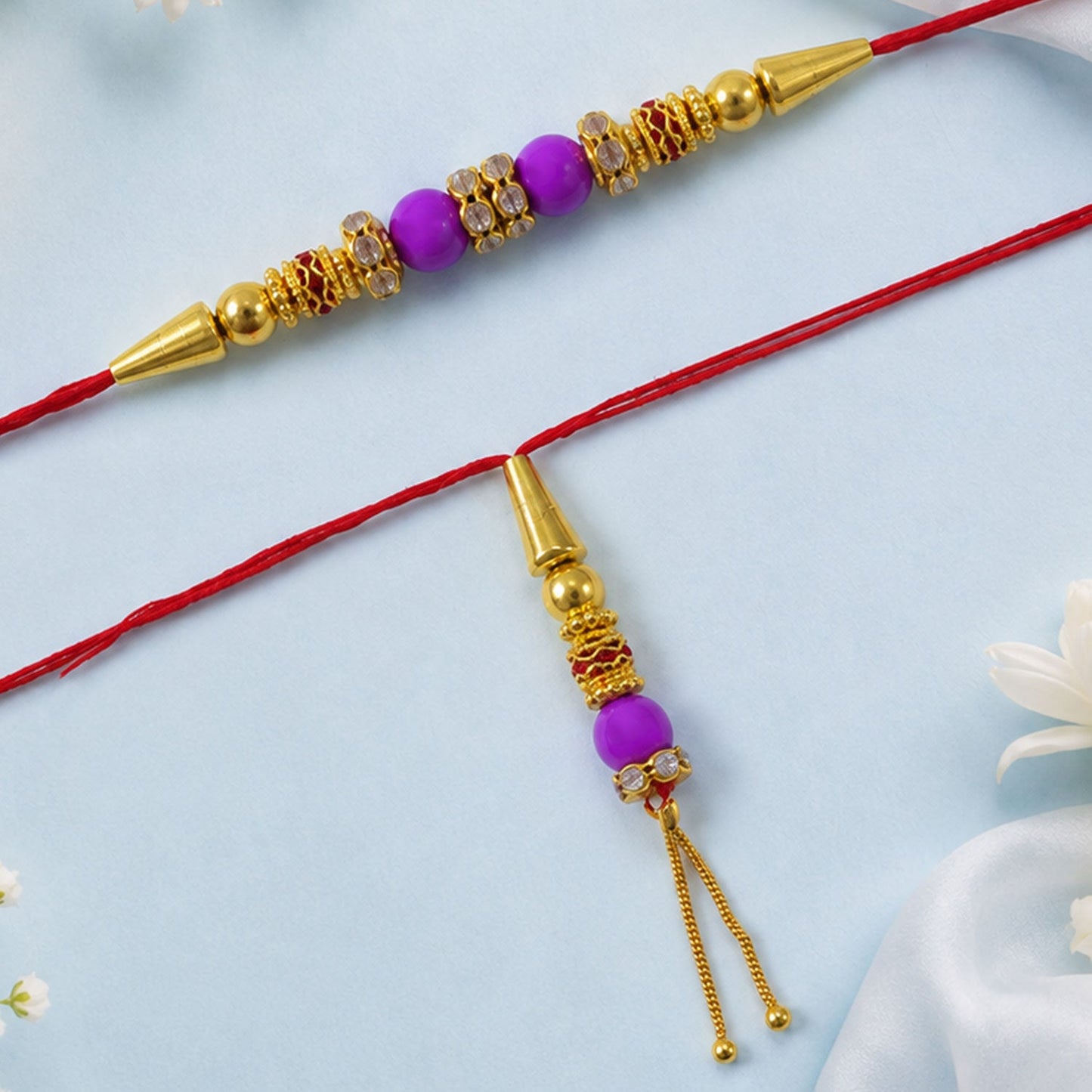 Crystal Stone Gold Beads Bhai Bhabhi Rakhi Lumba Set