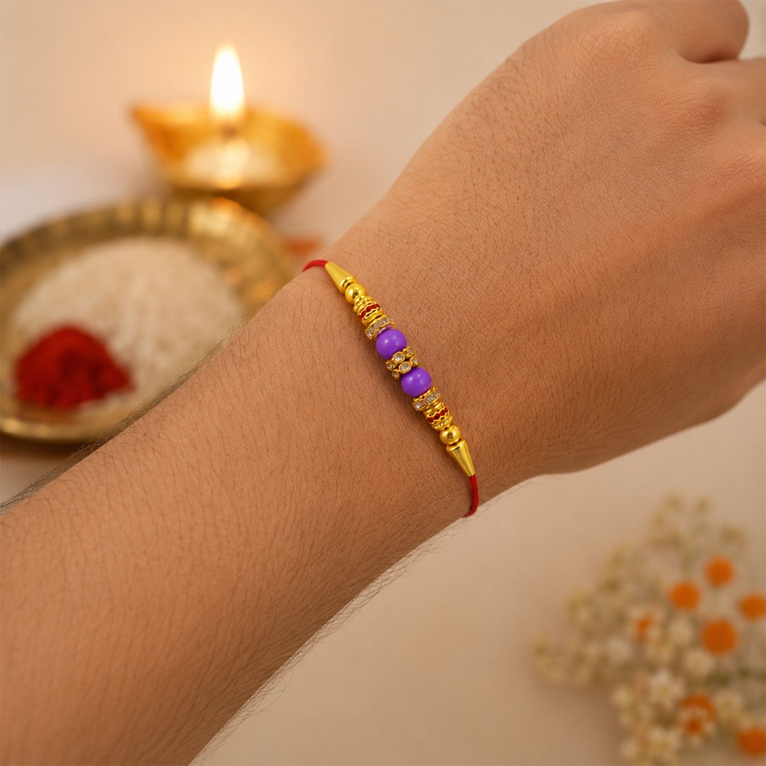 Crystal Stone Gold Beads Bhai Bhabhi Rakhi Lumba Set