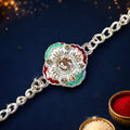 Om Meenakari Enamel Crystal Stone Silver Link Chain Designer Rakhi
