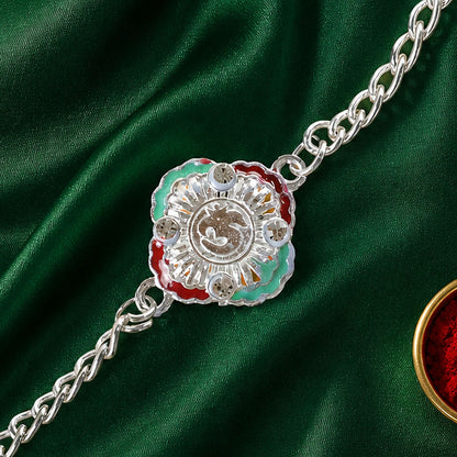 Om Meenakari Enamel Crystal Stone Silver Link Chain Designer Rakhi