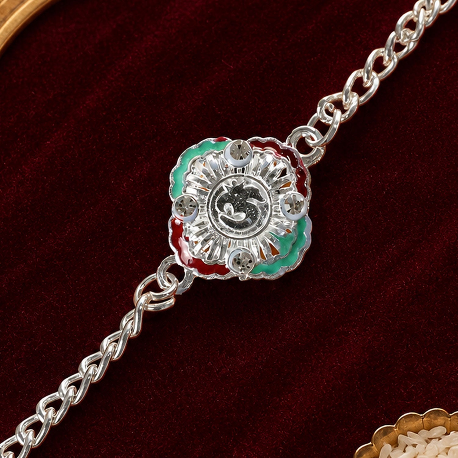 Om Meenakari Enamel Crystal Stone Silver Link Chain Designer Rakhi