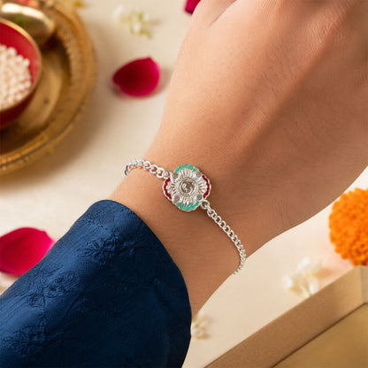 Om Meenakari Enamel Crystal Stone Silver Link Chain Designer Rakhi