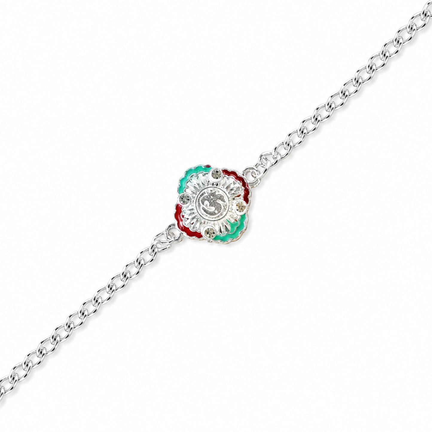Om Meenakari Enamel Crystal Stone Silver Link Chain Designer Rakhi