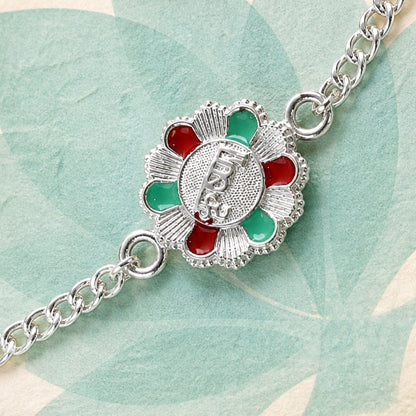 Krishna Engraved Floral Stone Silver Chain Designer Rakhi
