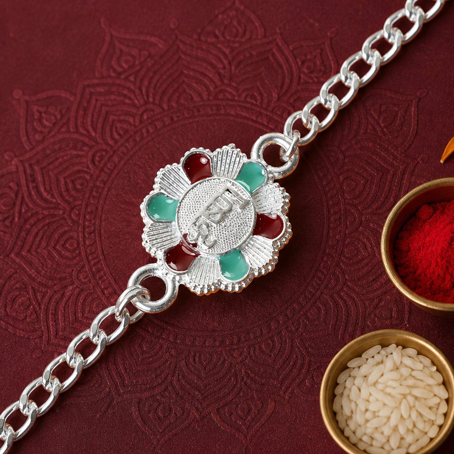 Krishna Engraved Floral Stone Silver Chain Designer Rakhi