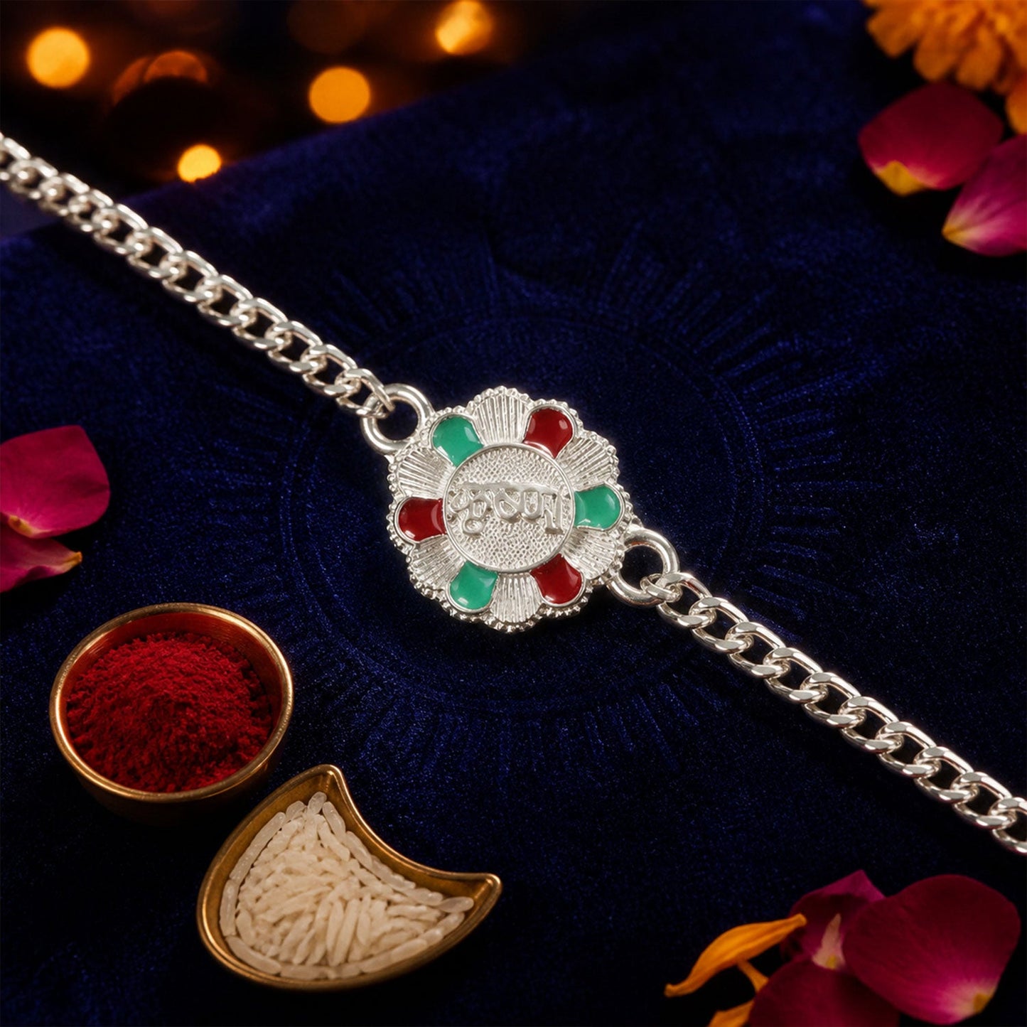 Krishna Engraved Floral Stone Silver Chain Designer Rakhi