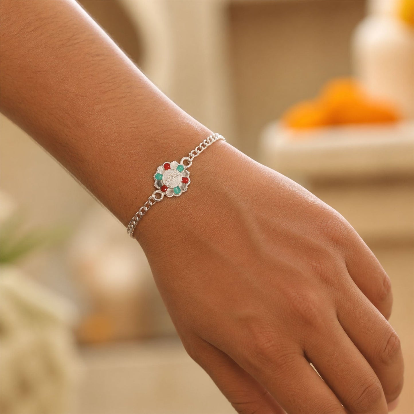 Krishna Engraved Floral Stone Silver Chain Designer Rakhi