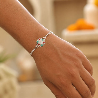 Krishna Engraved Floral Stone Silver Chain Designer Rakhi