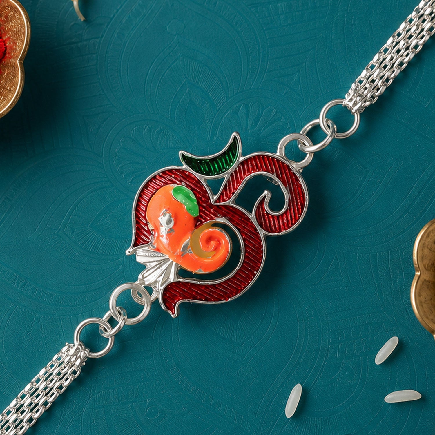Om Ganesh Motif Enamel Meenakari Silver Chain Designer Rakhi