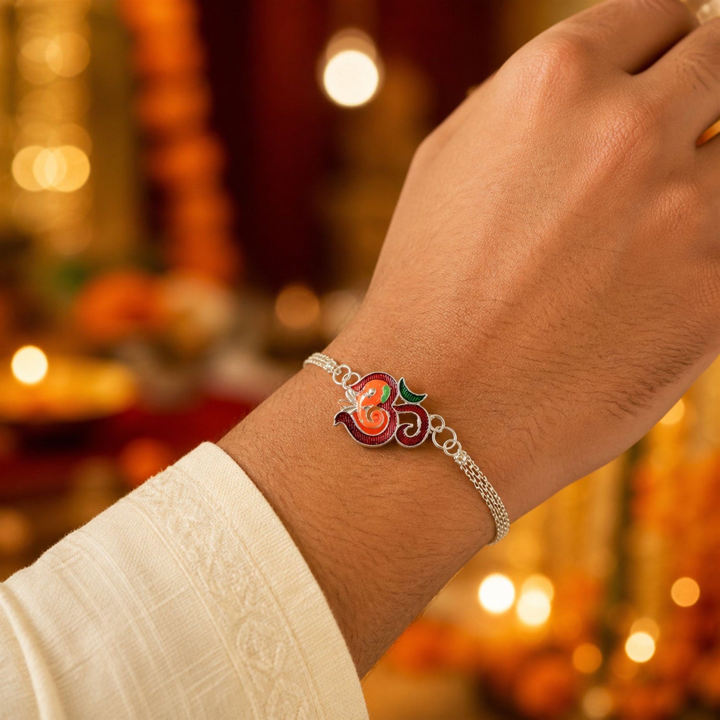 Om Ganesh Motif Enamel Meenakari Silver Chain Designer Rakhi