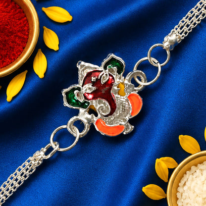 Premium Shree Ganpati Meenakari Enamel Silver Chain Rakhi For Brother