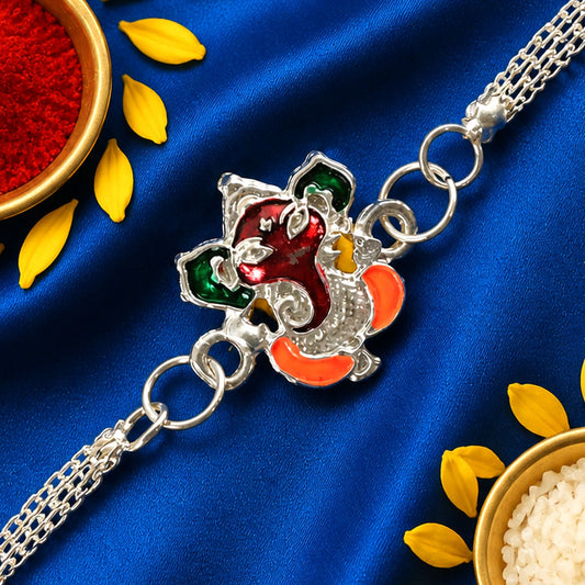 Premium Shree Ganpati Meenakari Enamel Silver Chain Rakhi For Brother