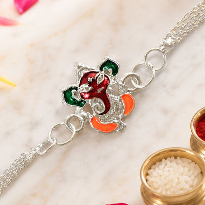Premium Shree Ganpati Meenakari Enamel Silver Chain Rakhi For Brother