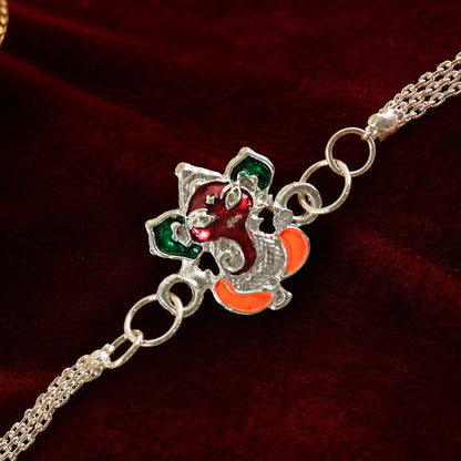 Premium Shree Ganpati Meenakari Enamel Silver Chain Rakhi For Brother